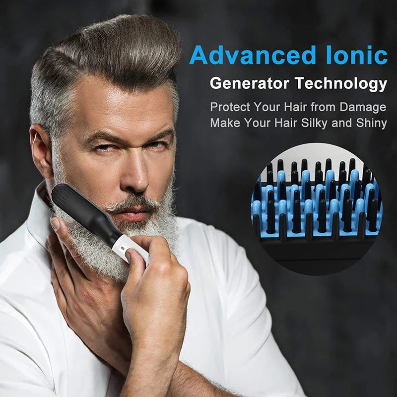 Man using a portable black-and-white ionic beard straightener brush with blue heat-resistant teeth for smooth styling.