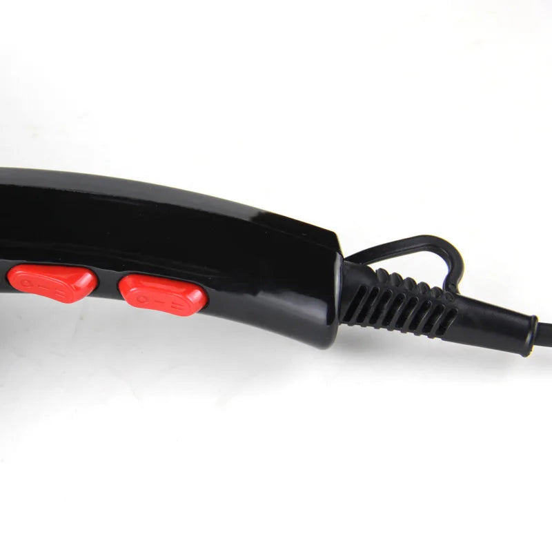 Black professional hair dryer handle with easy-grip red speed and heat setting switches for salon-quality styling.