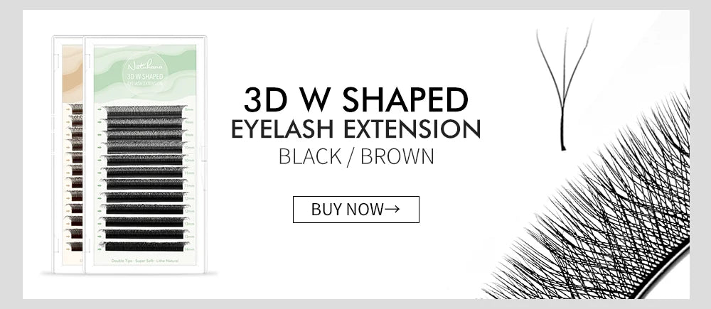 Black and brown 3D W-shaped premade eyelash extension fan trays in various lengths with a Buy Now button.