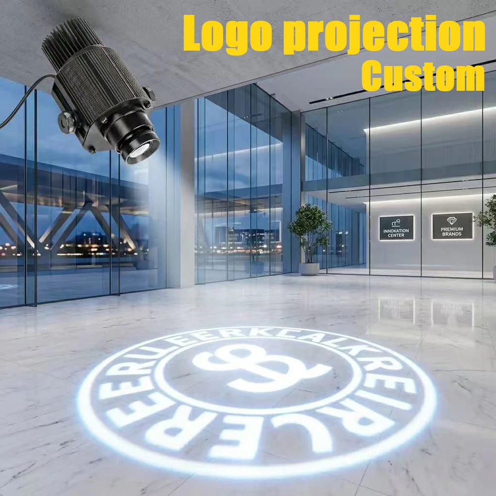 Custom logo gobo projector light with rotating spotlight, circular logo on floor