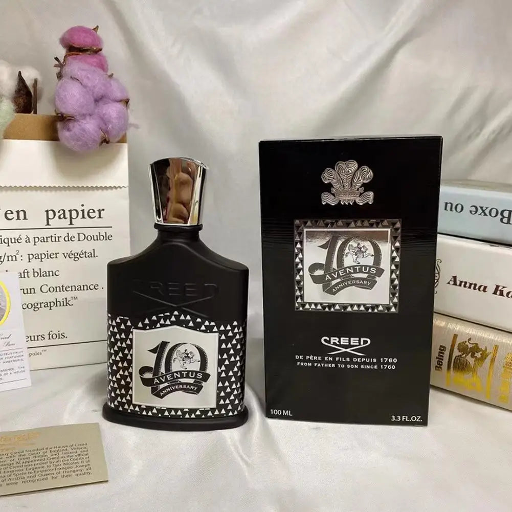 Creed Aventus 10th Anniversary EDP, 100ml unisex spray in black patterned bottle with silver cap and luxury gift box.