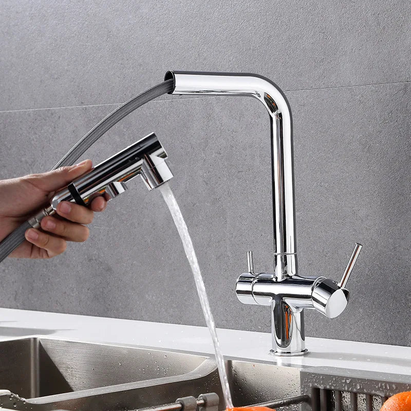 Filtered Kitchen Faucet Brass Purifier Faucet Dual Sprayer Drinking Water Mixer Tap Nozzle Sink Mixer Kitchen Gold Tap
