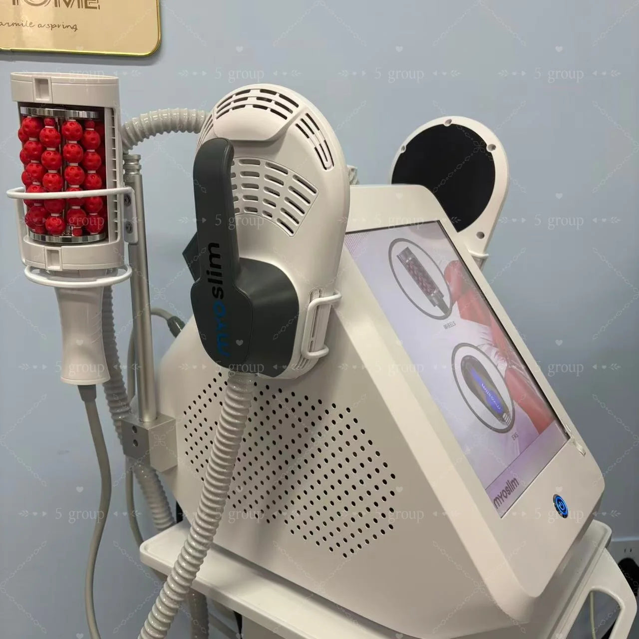 White EMS body sculpt machine with red 360 rolling inner ball applicator and touch screen for cellulite reduction.