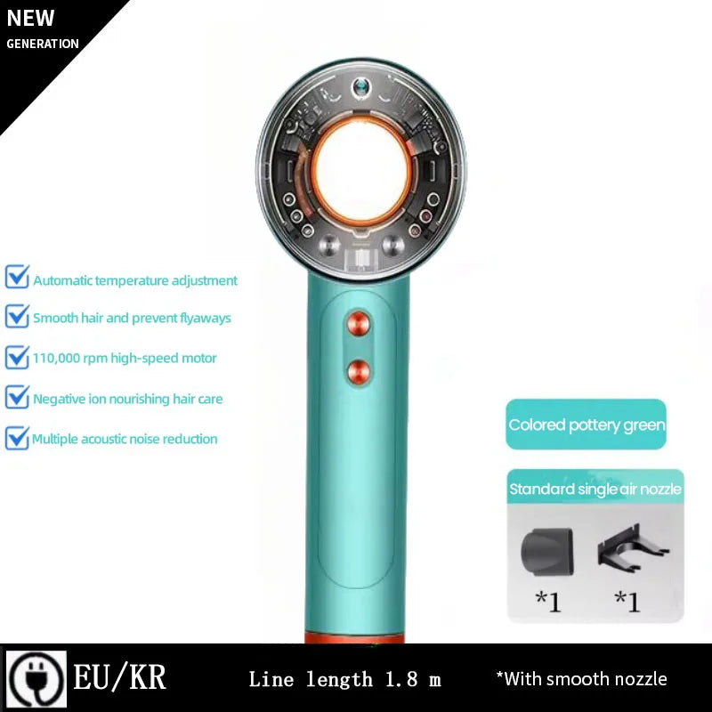 Pottery green high-speed negative ion hair dryer with nozzle attachment, 110k RPM motor, and silent air technology.