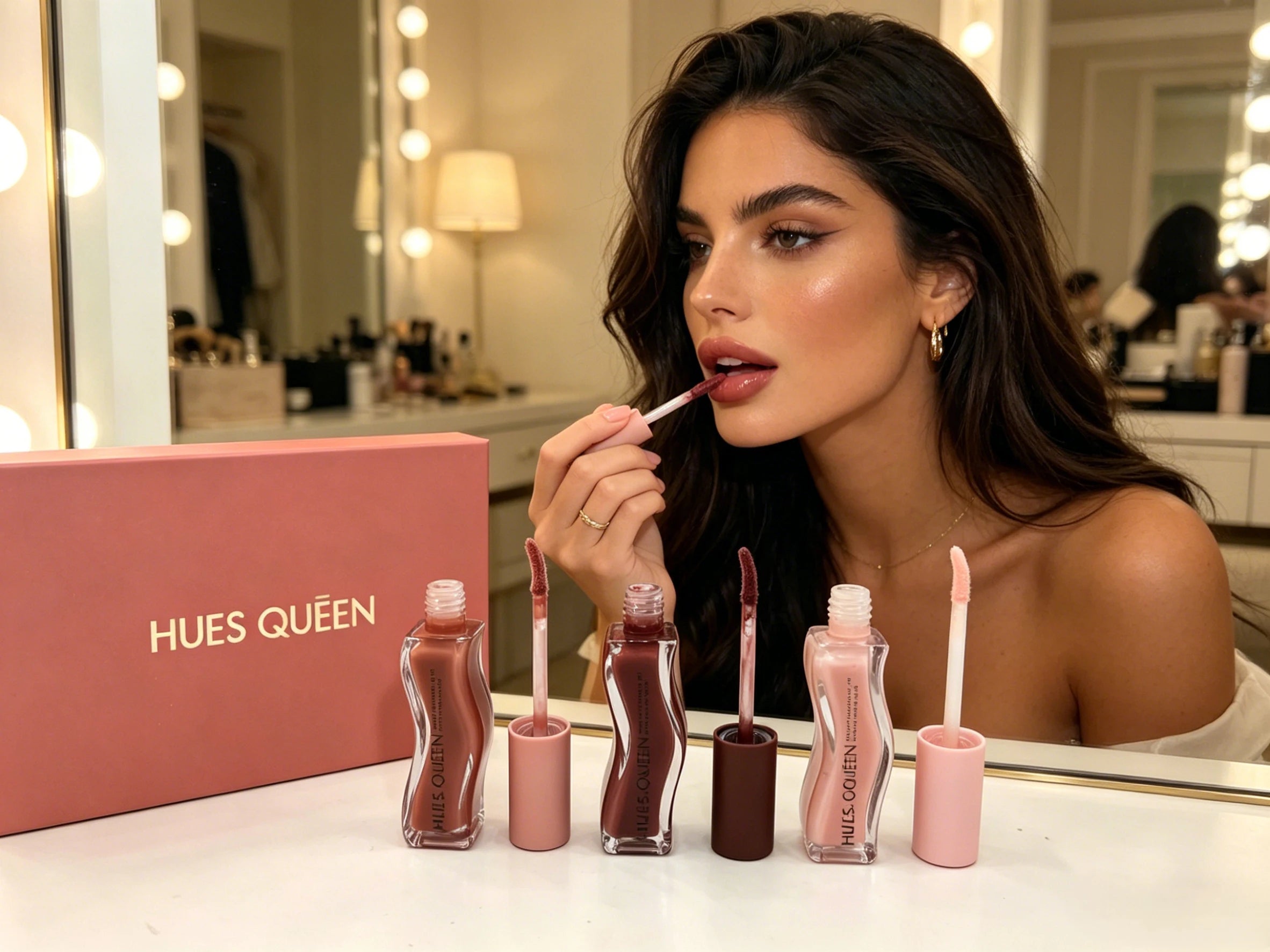 Model applying glossy, hydrating lip tint from a 3-color moisturising lip gloss set for Western-style makeup looks.