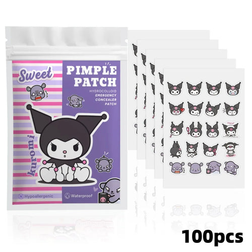 Hydrocolloid acne patch sticker set with Kuromi designs, 100-count pouches and sheets