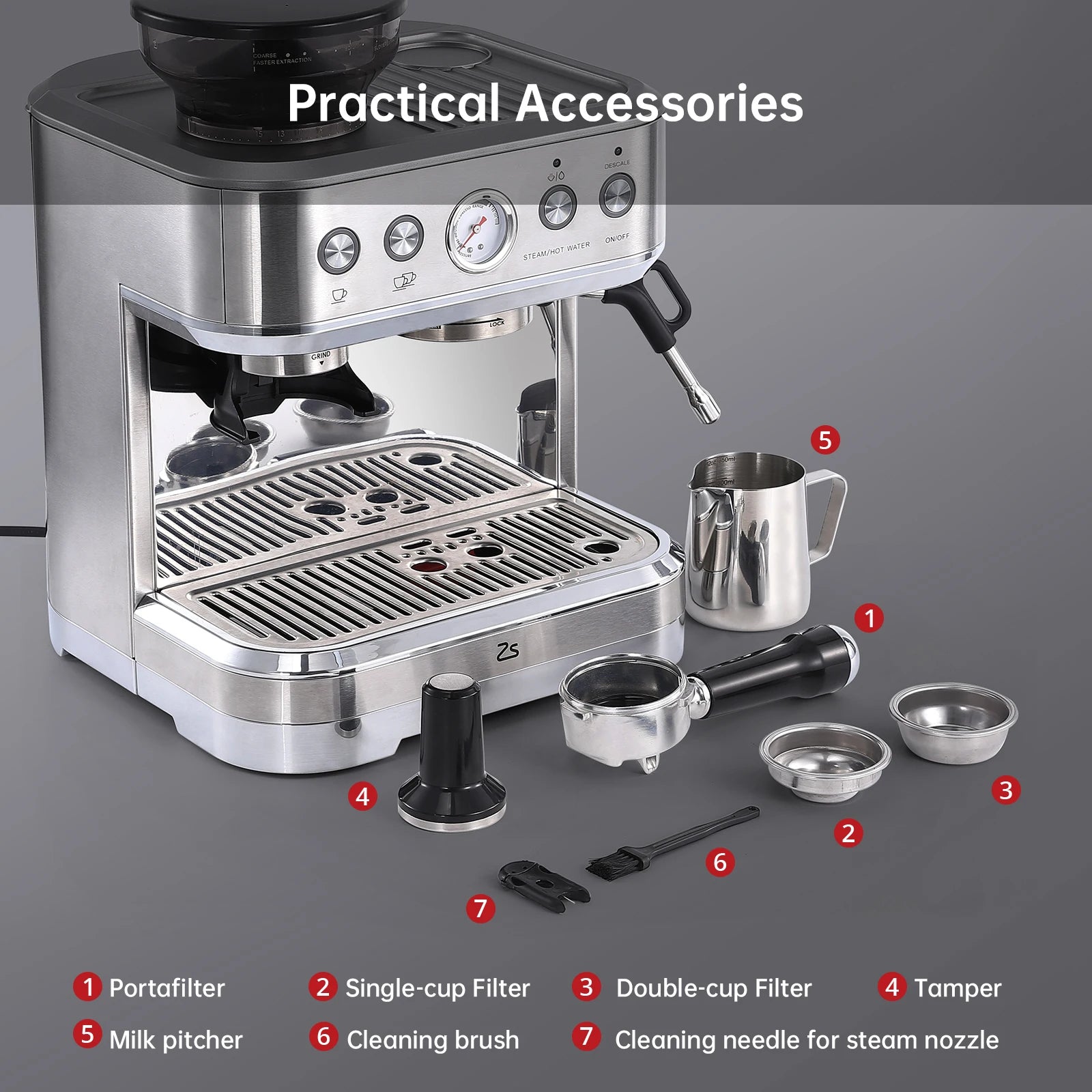 Stainless steel 2s espresso machine with built-in grinder, portafilter, tamper, milk pitcher, and cleaning tools.