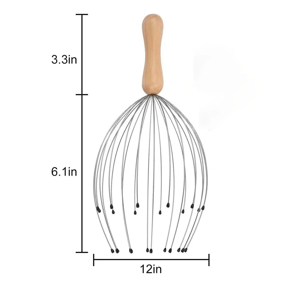 24-finger octopus scalp massager with wooden handle for stress relief and head scratching, including dimension labels.