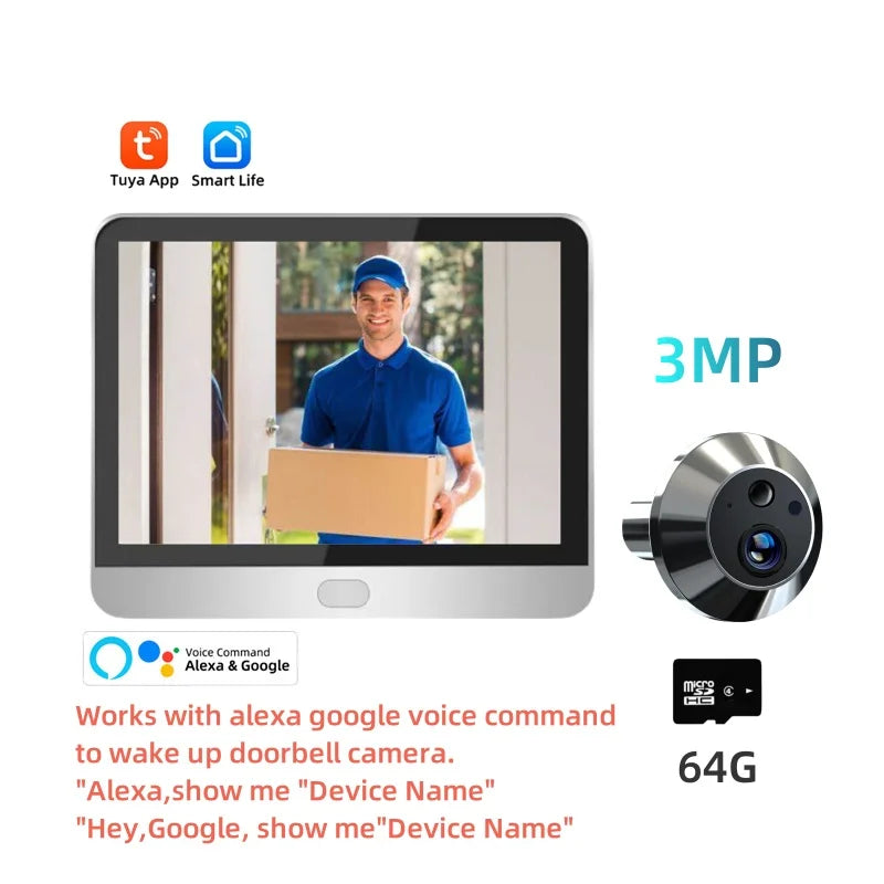 3MP smart peephole video camera kit with Alexa voice control and 64G storage