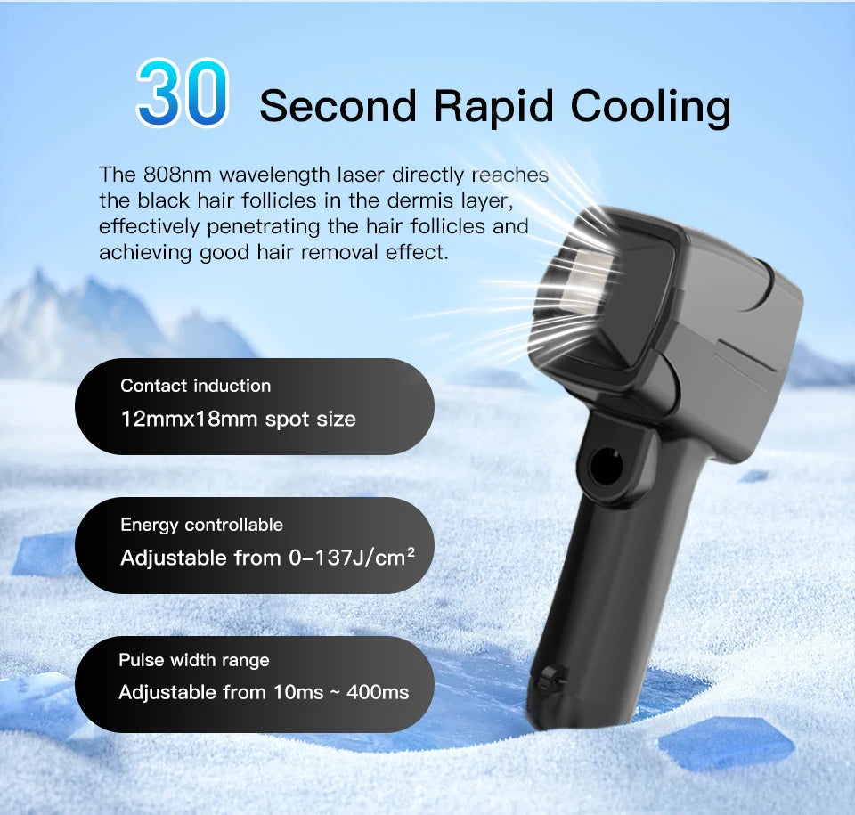 Black 808nm laser hair removal device with rapid cooling, adjustable energy, and contact induction head.