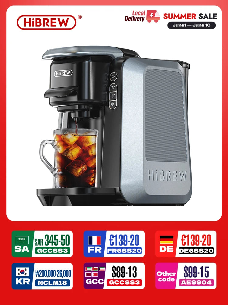 HiBREW black and silver multi-capsule coffee maker brewing iced coffee into a glass mug on a white background.