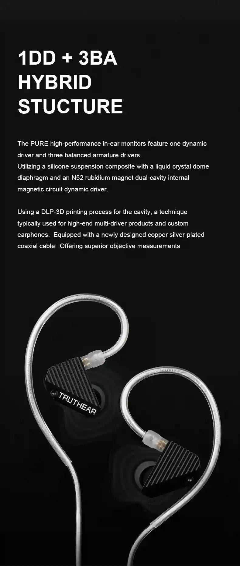 TRUTHEAR PURE Wired In-Ear Monitors | 1DD+3BA HiFi Studio Headphones Tidesmit