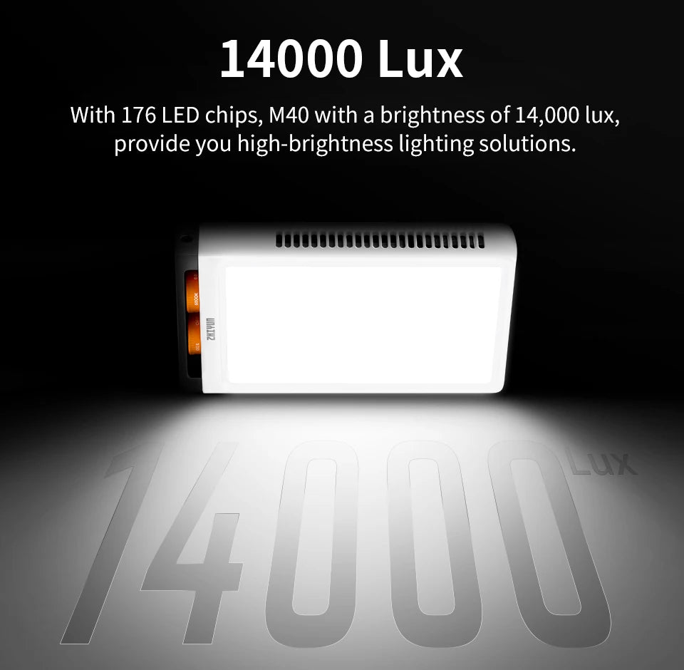 Rectangular white M40 LED video light with side dials, emitting a bright white glow for professional lighting.