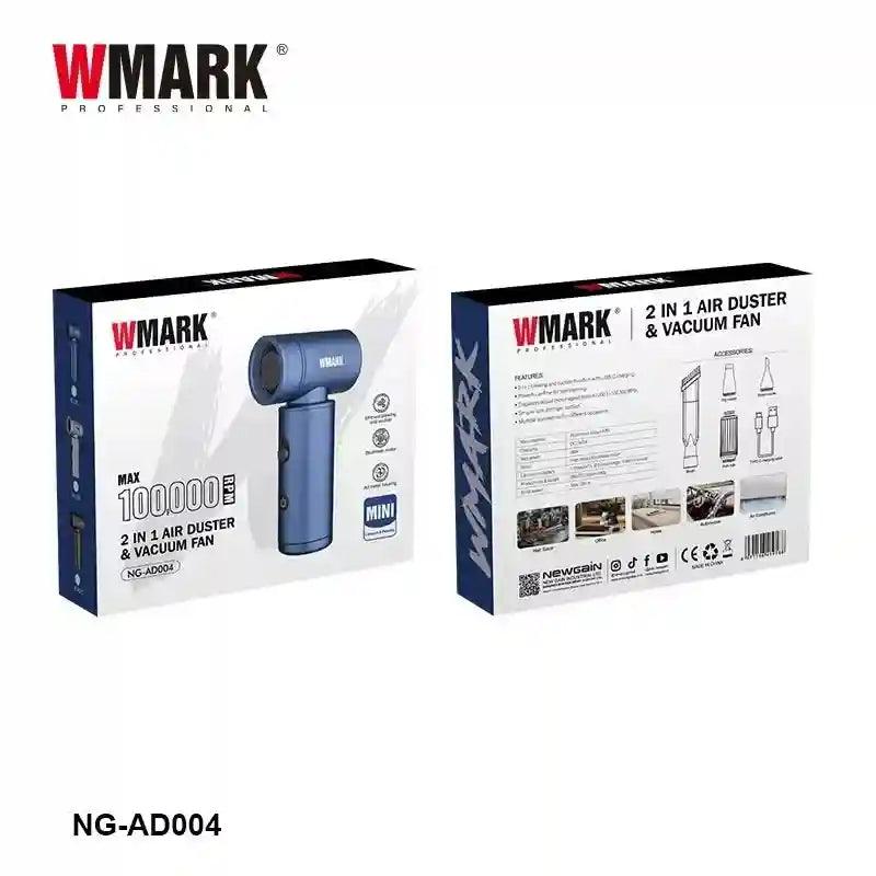 WMARK NG-AD004 100K RPM cordless blue air duster and vacuum fan with versatile attachments in professional retail box.