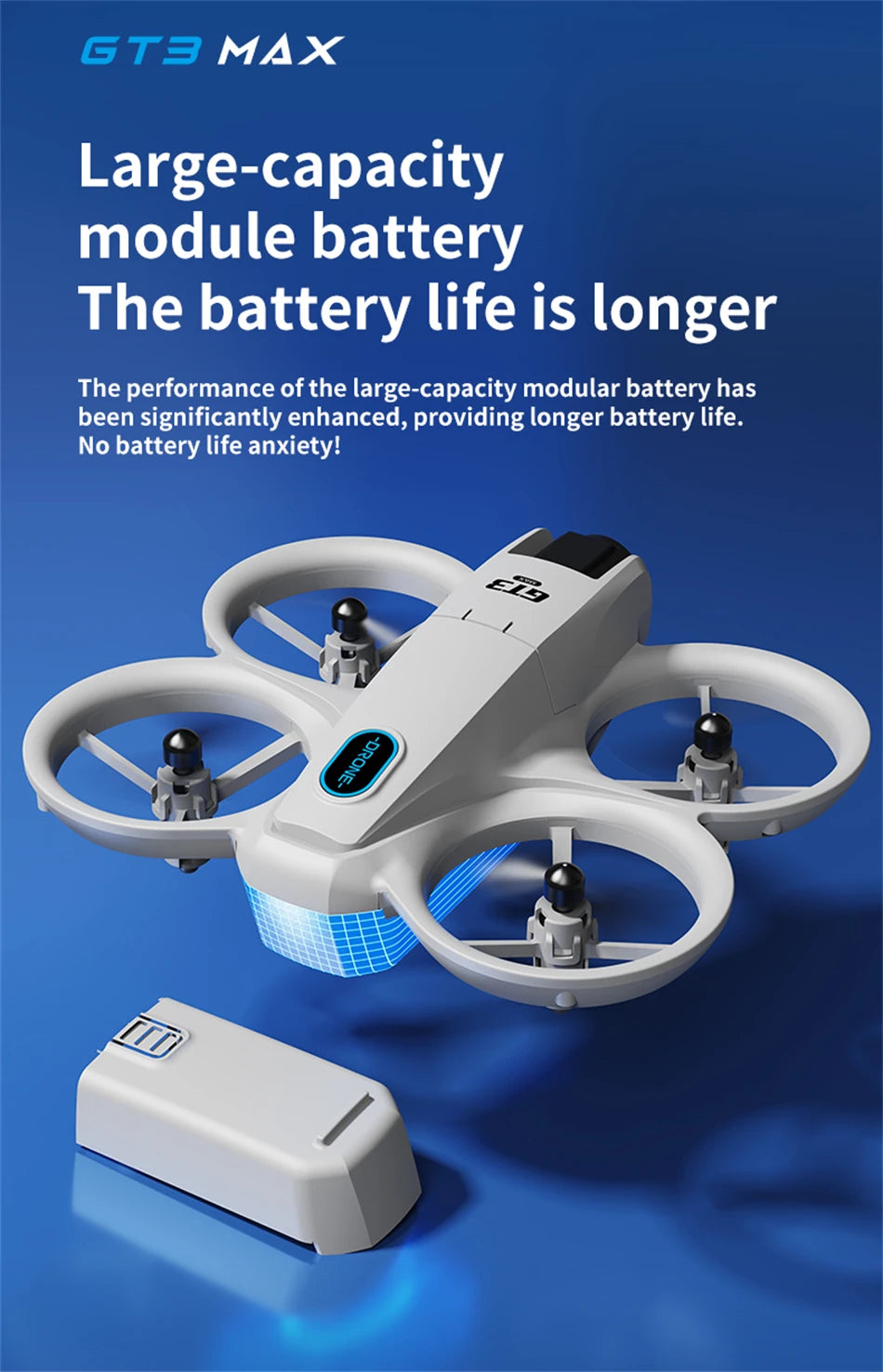 GT3 Max white drone with circular blade guards and a detachable rectangular modular battery pack.