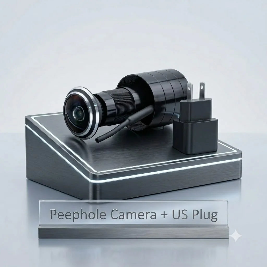 Black peephole video doorbell camera with US plug on display stand