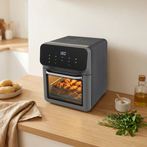 10L hot air fryer on countertop, viewing window glowing with cooking food, dark grey