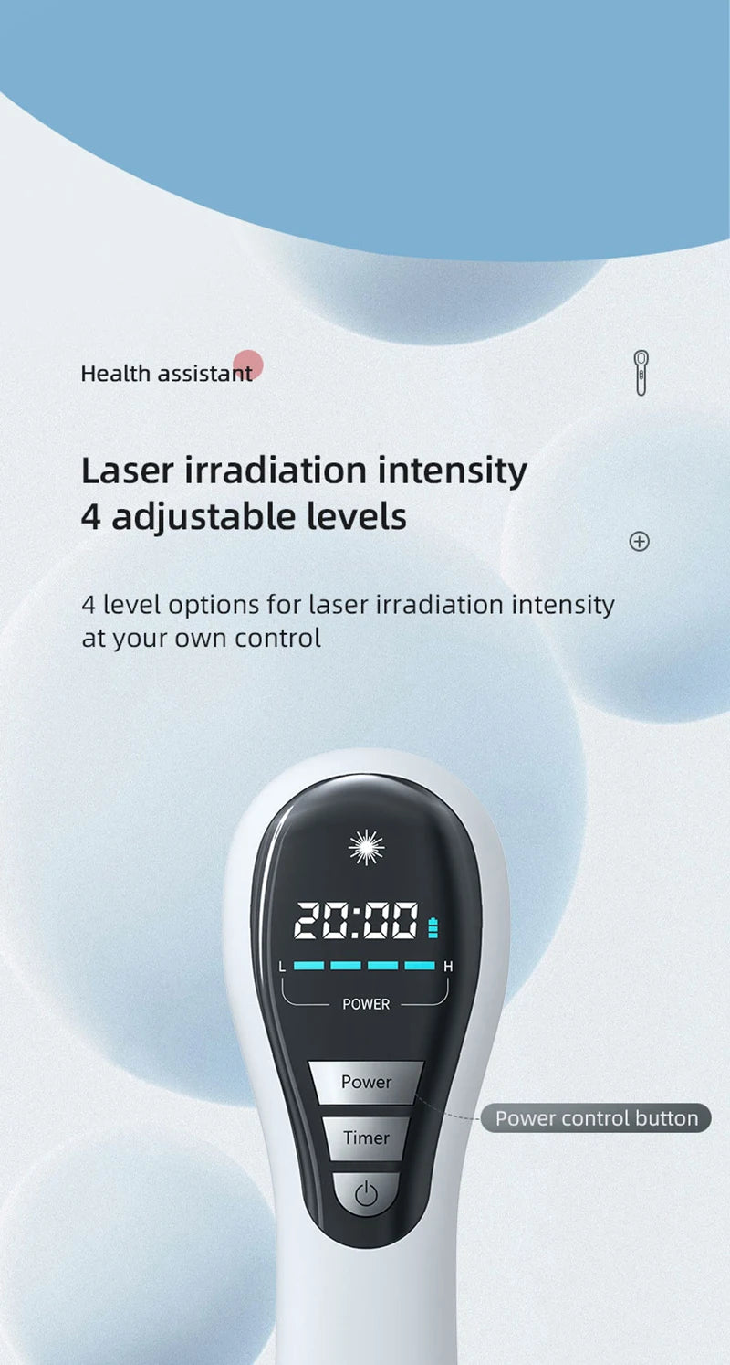 Hand-held LLLT cold laser therapy device featuring 4 adjustable intensity levels and digital timer for pain relief.