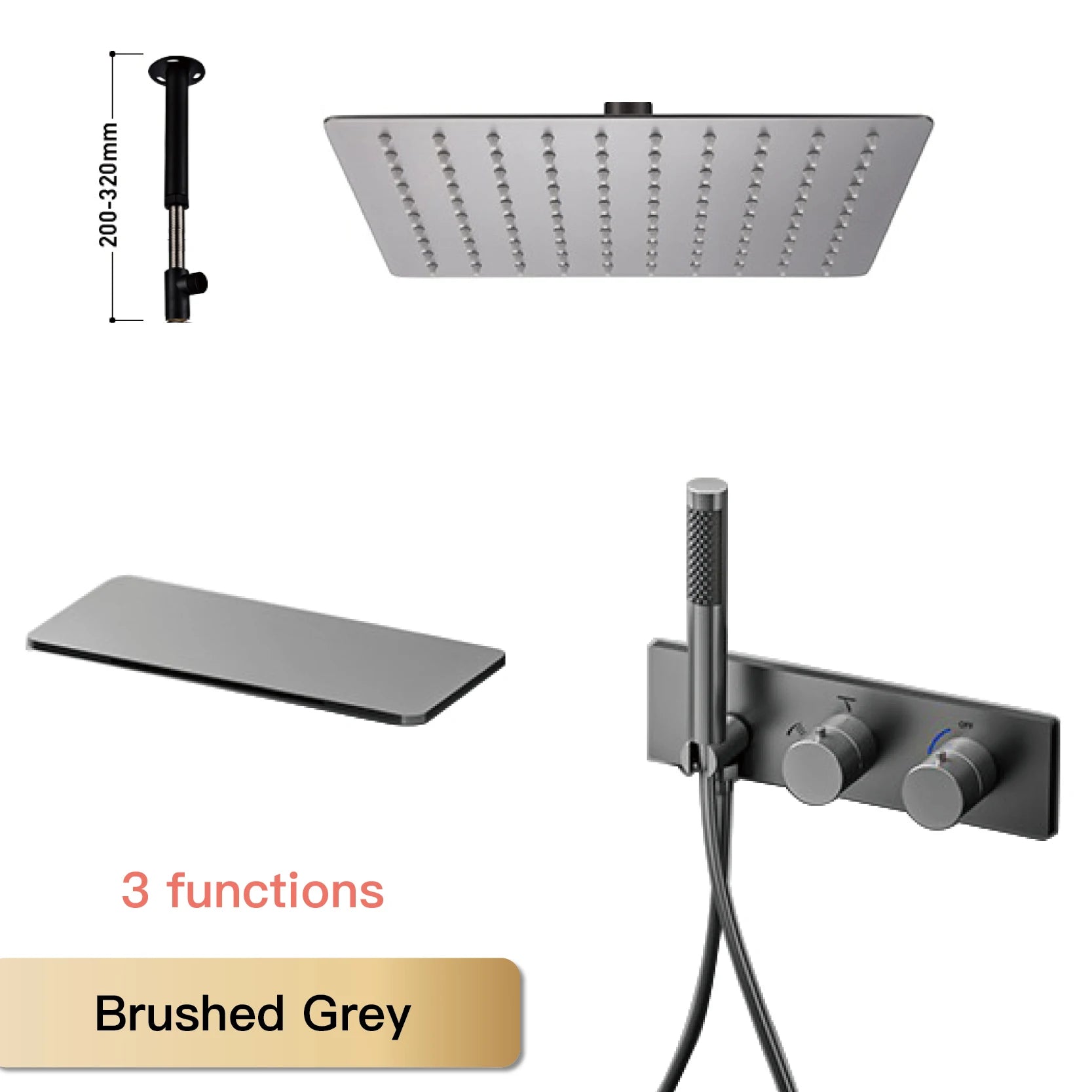 Modern Black Brass Bathroom Thermostatic Ceiling Type Shower System Wall-Mounted 3-Function Waterfall Tap for Cold & Hot Wate