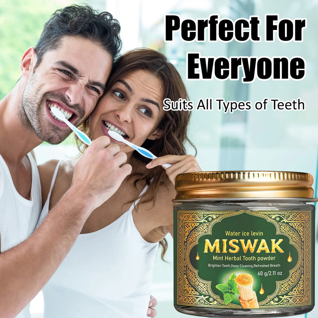 Tidesmit Miswak Mint herbal tooth powder for deep cleansing, teeth whitening, and fresh breath.