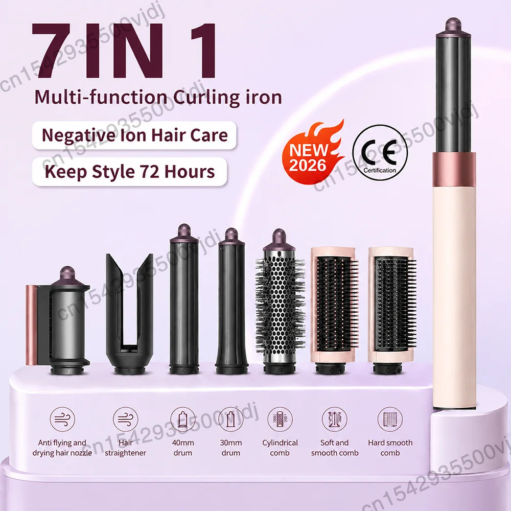 7-in-1 ionic hair dryer set in rose gold, featuring high-speed motor and 7 styling attachments for salon-quality hair.