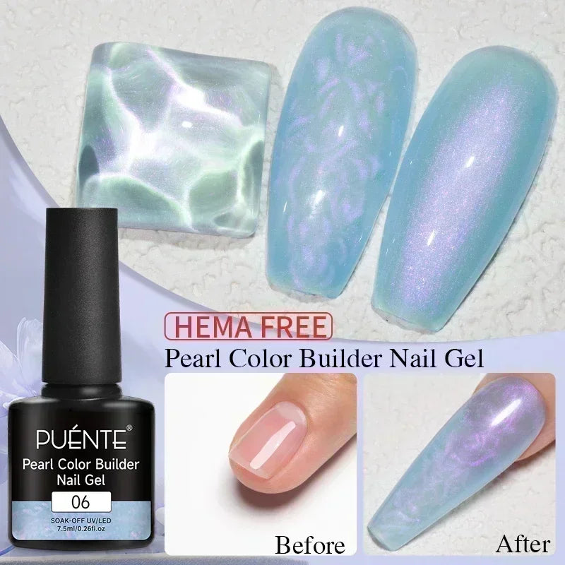 Pearl color builder nail gel in a 7.5ml black bottle, shown with swatches of shimmering iridescent blue gel.
