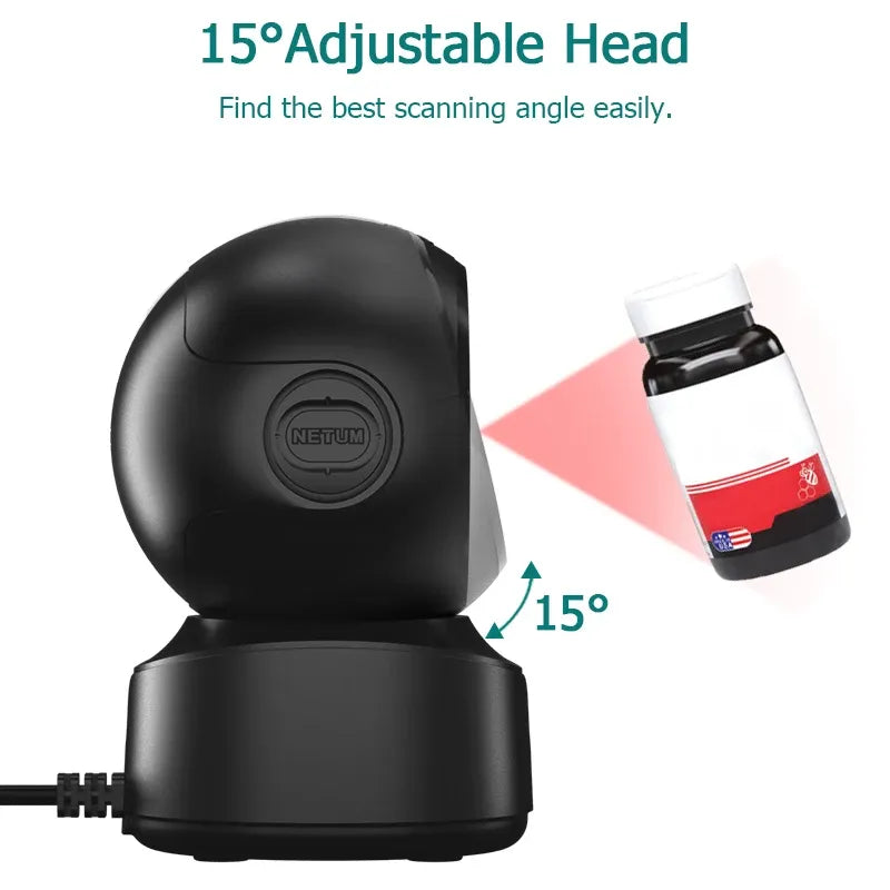 Black omnidirectional 2D barcode scanner with adjustable head and front scan window