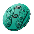 Round green plastic waist twisting disc with textured foot pads, massage nodes, and a digital exercise counter.