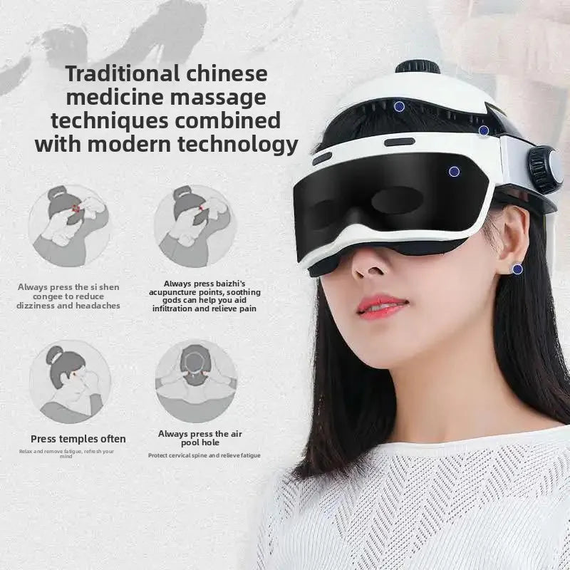 White integrated head and eye massager helmet for scalp, neck, and temple pain relief and stress relaxation.