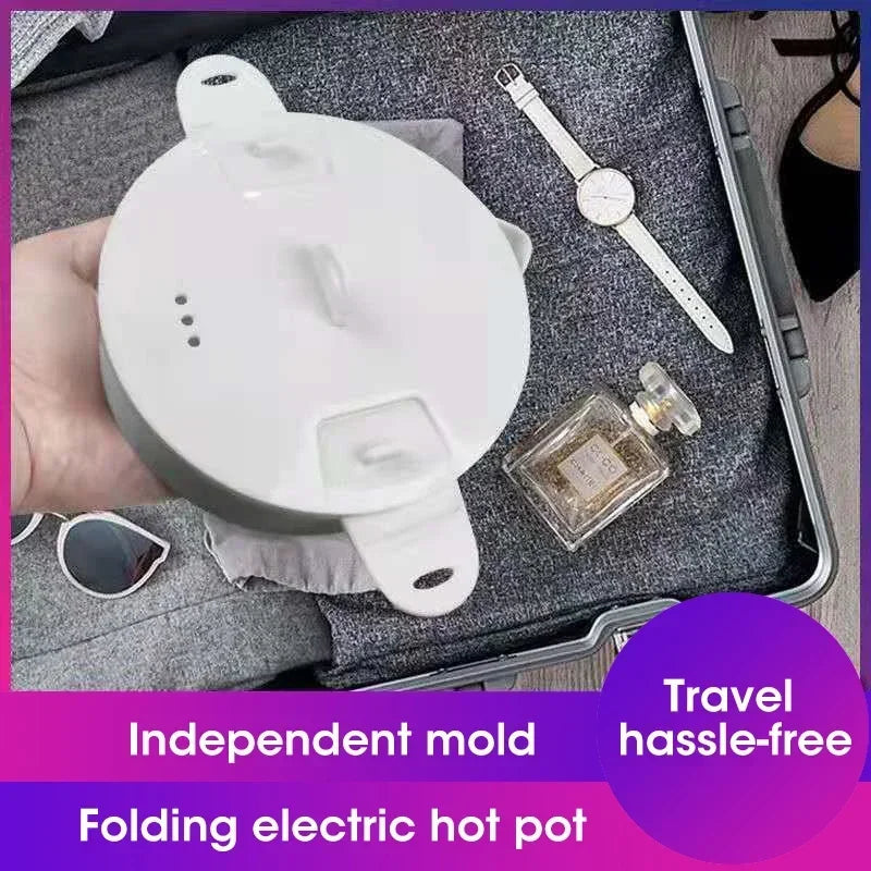 Portable folding electric hot pot base and lid in travel box, white.