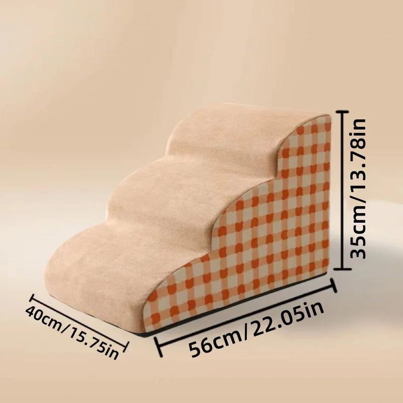 Non-slip 3-step memory foam pet stairs in beige plaid for easy dog access to sofa and beds. Washable and stable.