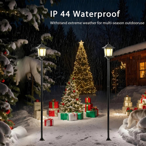 Waterproof outdoor solar garden lights with lantern heads, standing pair in snowy yard