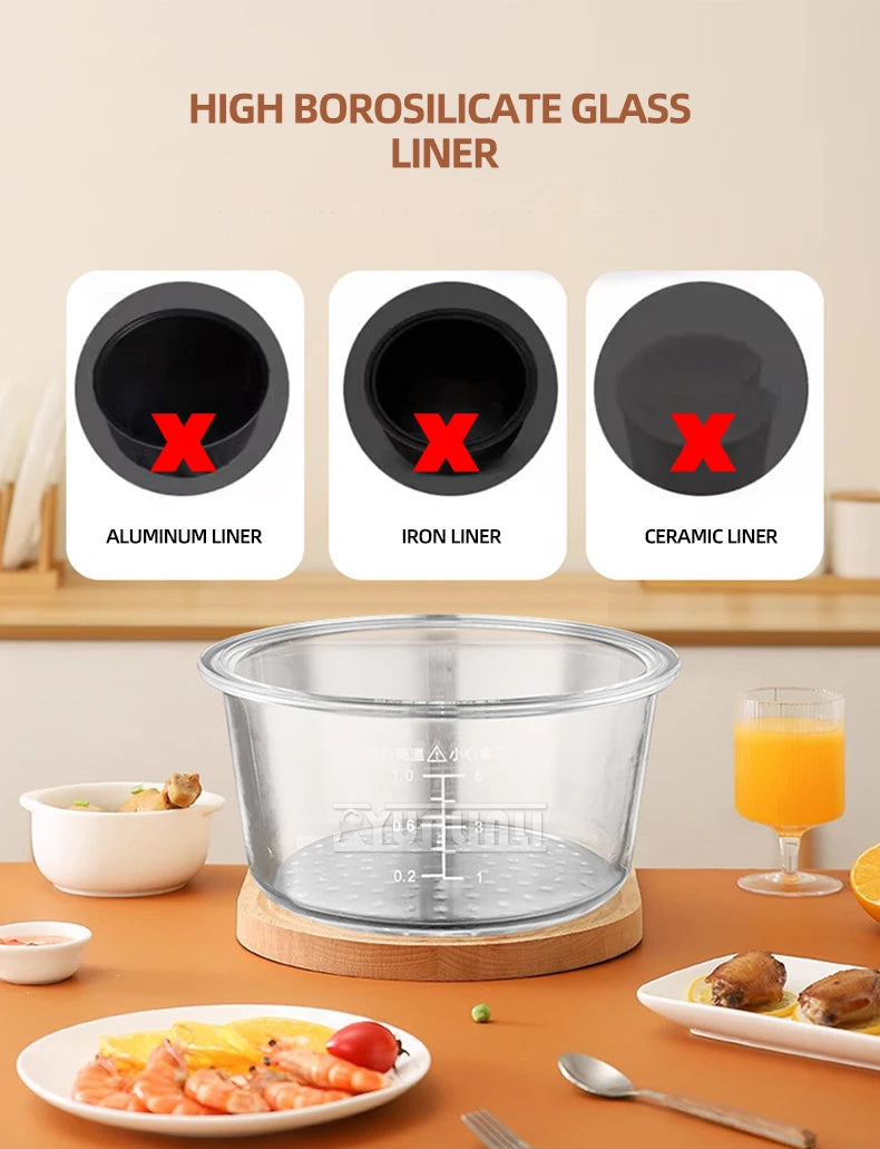 Rice cooker liner options display: aluminum, iron, and ceramic liners with labels
