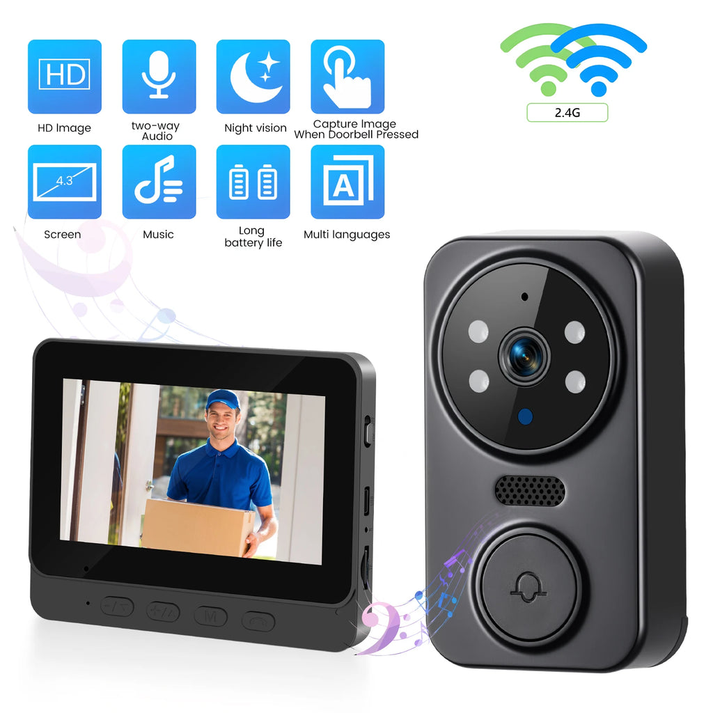 Podofo Smart Wireless Video Doorbell With Screen 4.3'' IPS HD Smart Intercom 2.4G Visible Doorbell Two-Way Talk Night Vision Home Use Security Camera