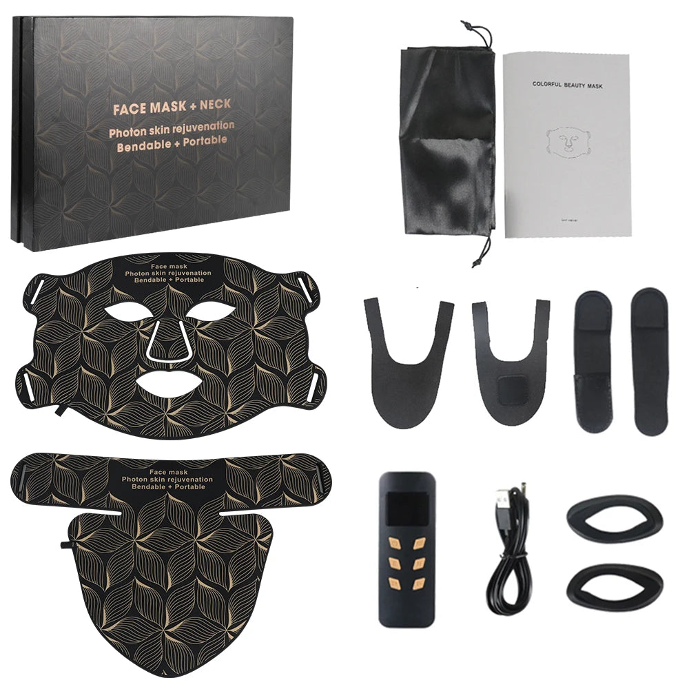 8-color LED light therapy face and neck mask set for anti-aging, wrinkle reduction, and acne control with remote.
