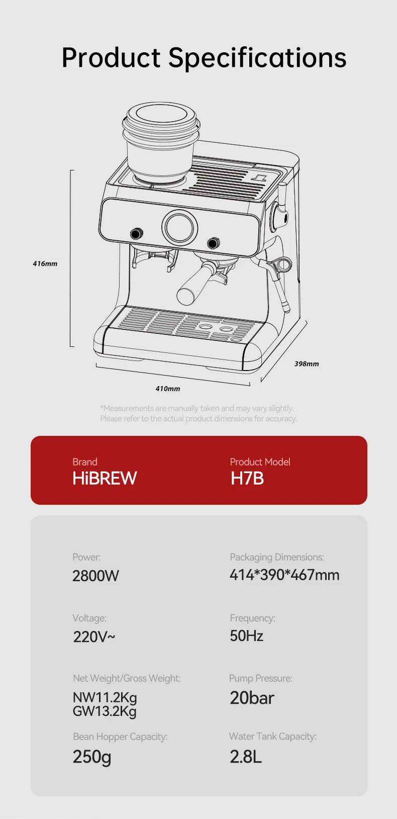 HiBREW H7B espresso machine line drawing with specifications, 2.8L water tank, 250g bean hopper, and 20bar pressure.