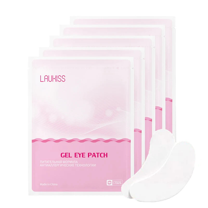 Laukiss gel eye patches in pink sachets for eyelash grafting, showing white under-eye pads for lash extensions.