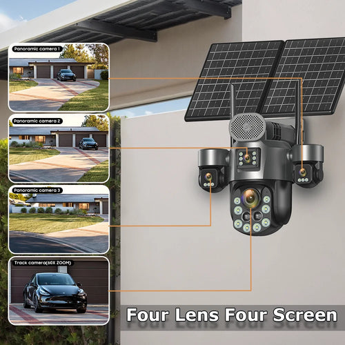 Wall-mounted outdoor solar security camera with four lenses and dual solar panels, black