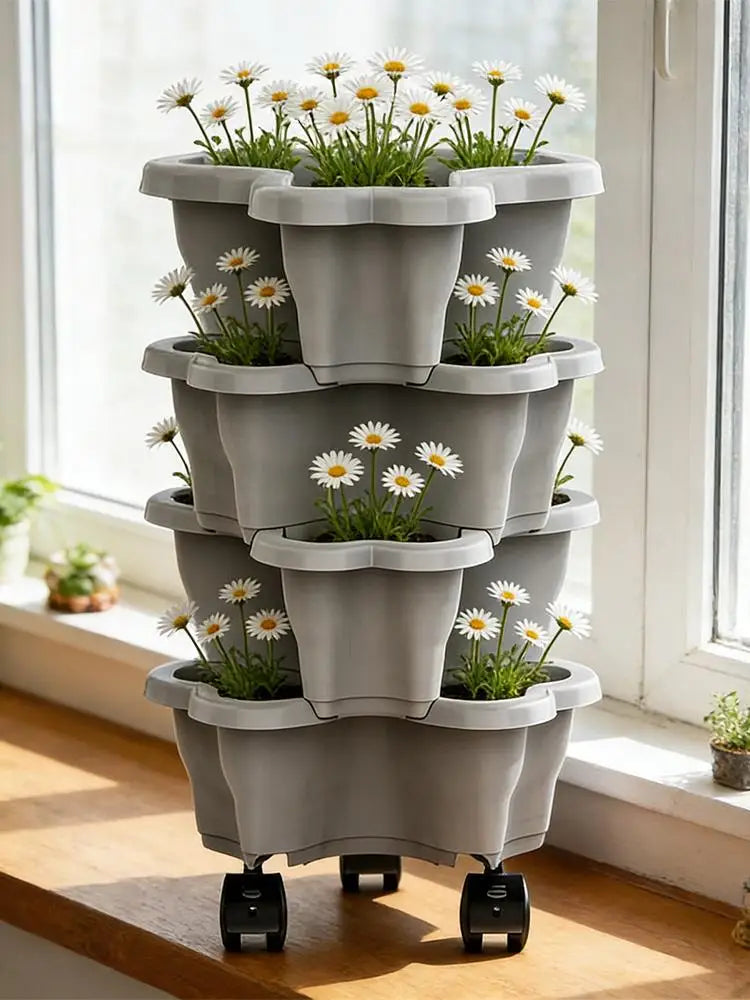 4/5 Tier Plant Tower With Wheels Stackable Plant Towers ABS Vertical Planter Tower For Strawberry Green Ivy Balcony Terrace