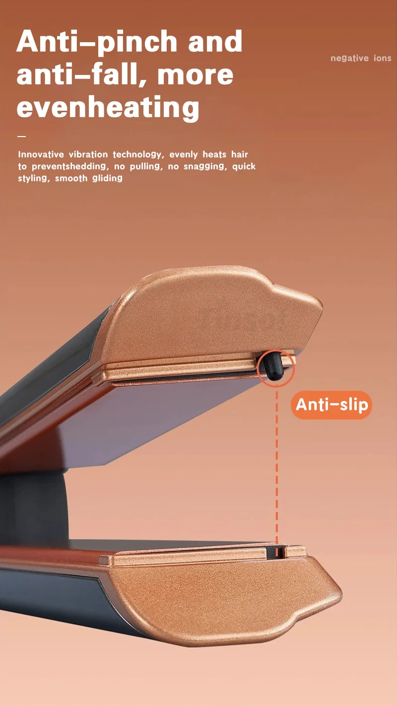 TINSOL 2-in-1 rose gold hair straightener and curler with anti-slip, anti-pinch design and negative ion technology.