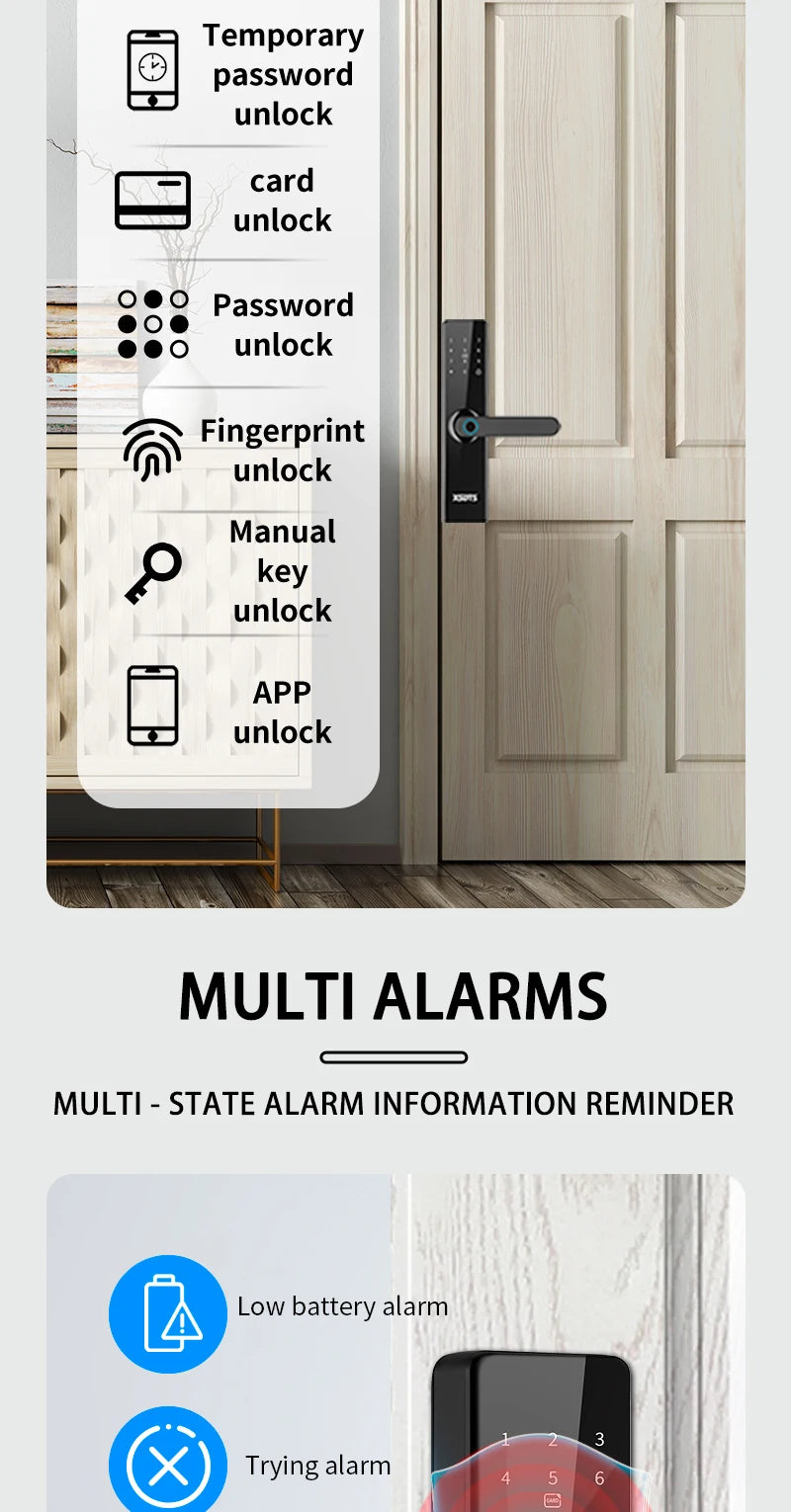 Smart Door Lock With Electronic Biometric Fingerprint Smart Card Password Key Unlock USB Tuya APP Emergency Charge lock