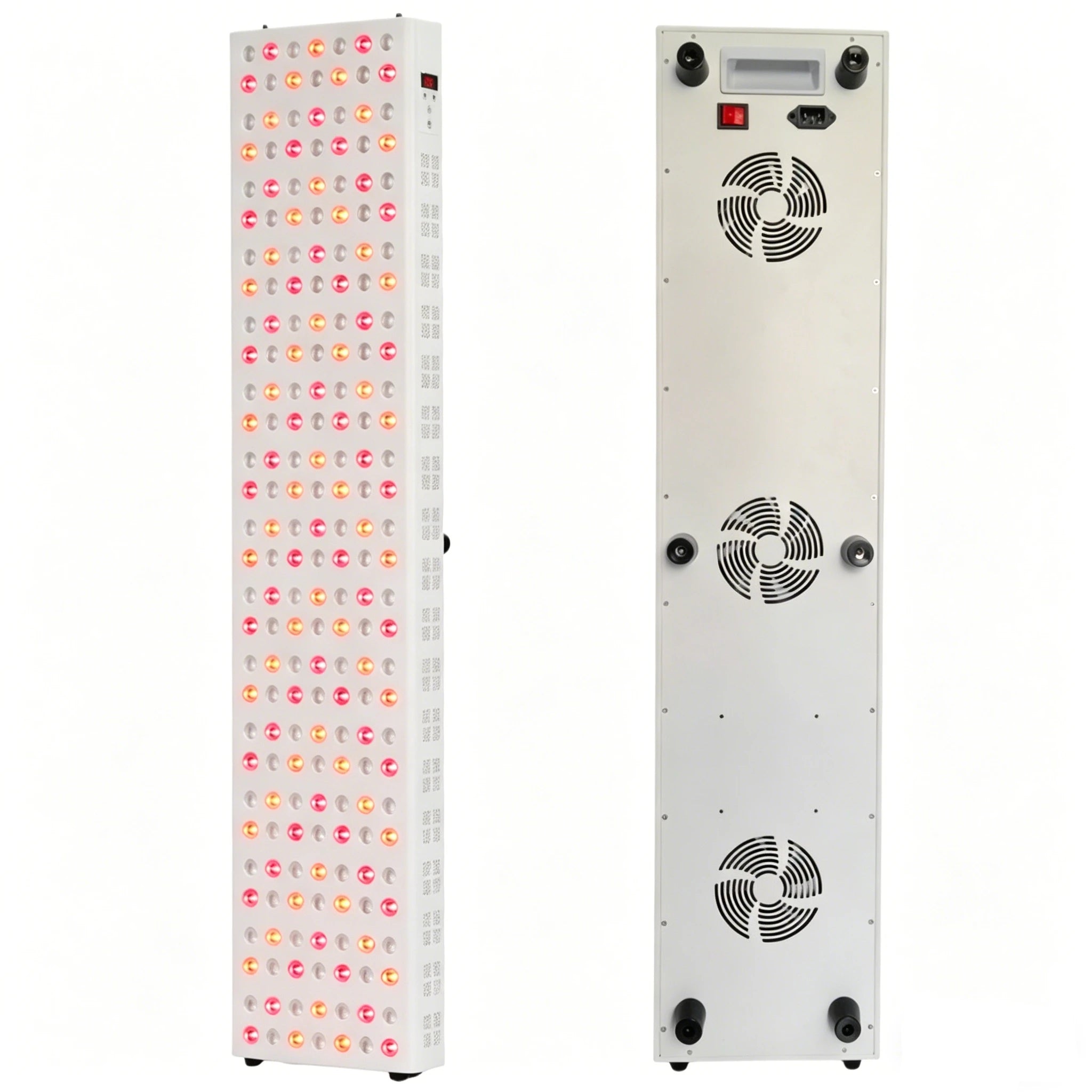 Full-body red light therapy panel for skin health and pain relief with 660nm and 850nm LED cooling fans, front and back.