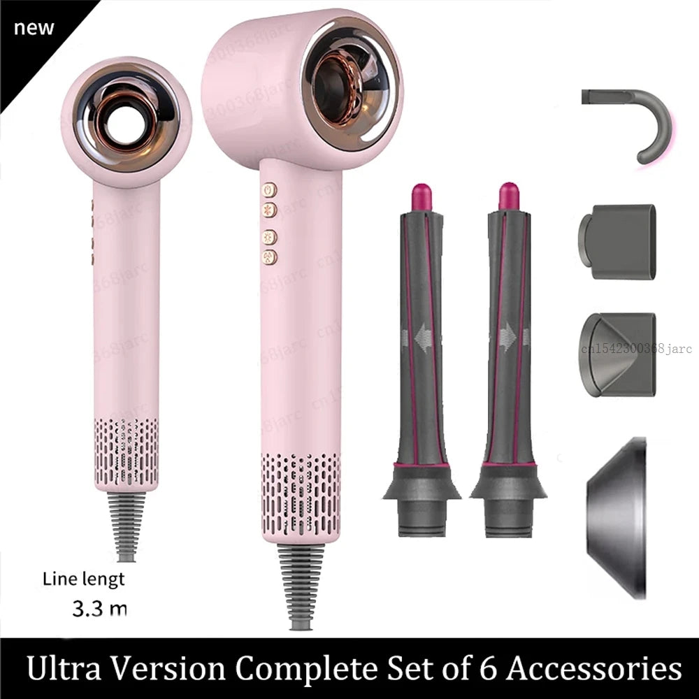 Pink 1600W leafless negative ion hair dryer with 6 styling attachments and 3.3m cord for professional hair care.