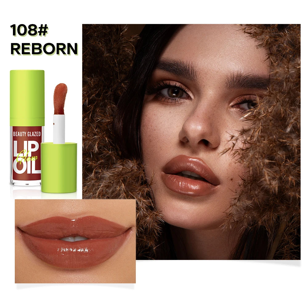 Beauty Glazed 108 Reborn moisturizing candy lip gloss in a lustrous, high-shine nude brown mirror finish.