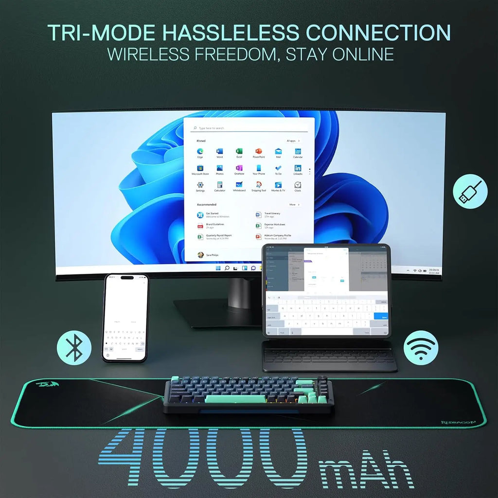 Redragon K724 PRO Wireless Gasket Gaming Keyboard w/Hype Screen & Knob, 81-Key Mechanical Keyboard, Mint Mambo Switches