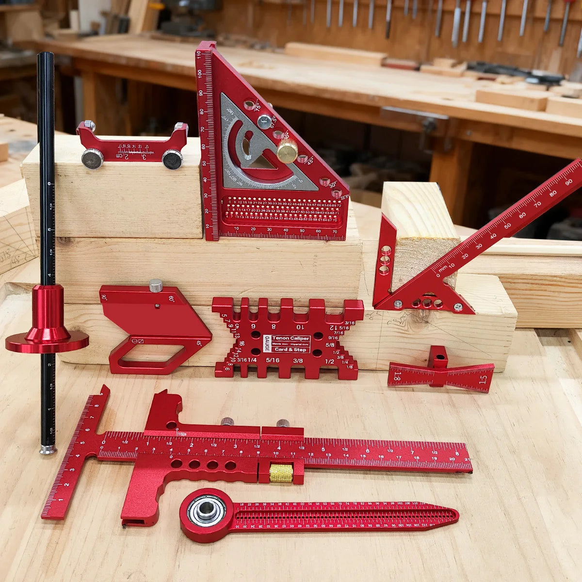 10pcs Woodworking Square Kit with Box, Aluminum Scribeing Ruler,Center Finder,Circular Drawing Compass,Honing Guide,Height Gauge