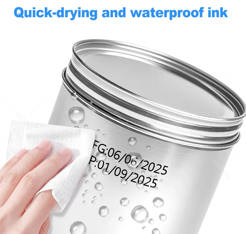 Waterproof ink container for mini handheld inkjet printer with printed label