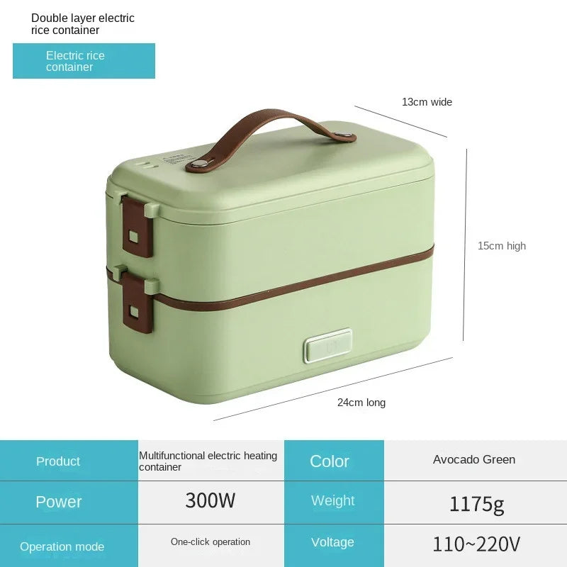 Double-layer electric rice container with carry handle, avocado green