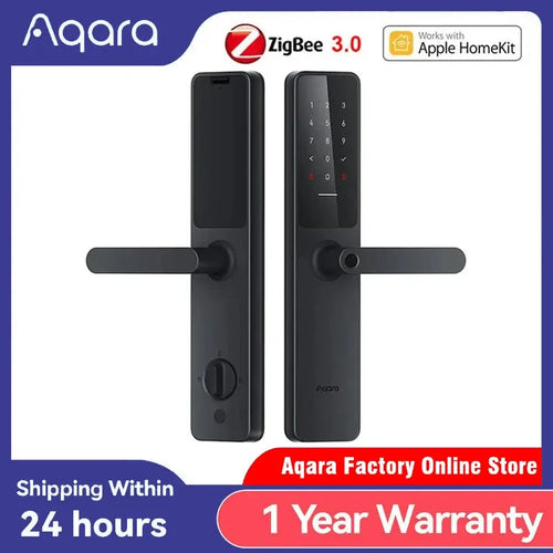 Smart door lock with dark keypad panel and exterior lever handle, Aqara A100 Pro style