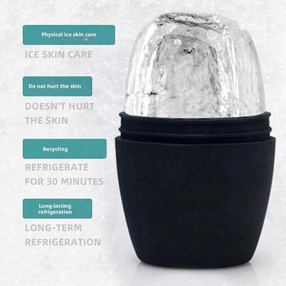 Black silicone face roller mold with a clear, frozen ice block top, next to marketing text about ice skin care.